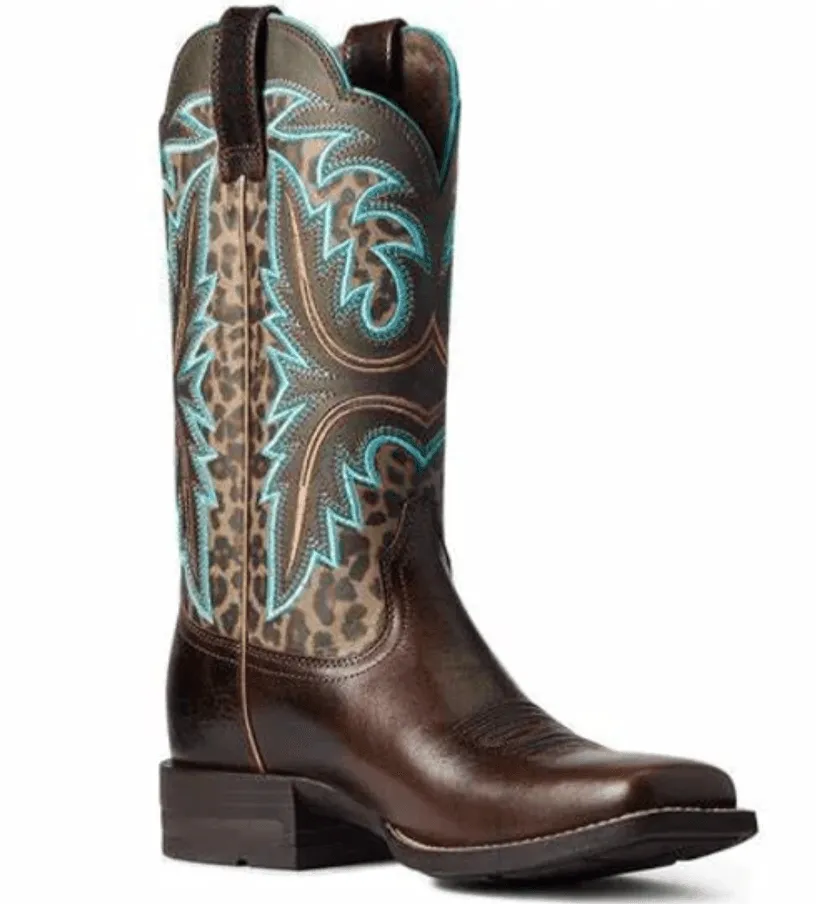 Ariat Women's Chocolate and Leopard Print Shock Shield Wide Square Toe Cowgirl Boots 10038276