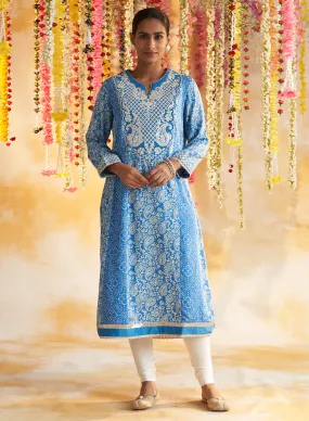 Blue Printed Kurta With Embroidery & Lace