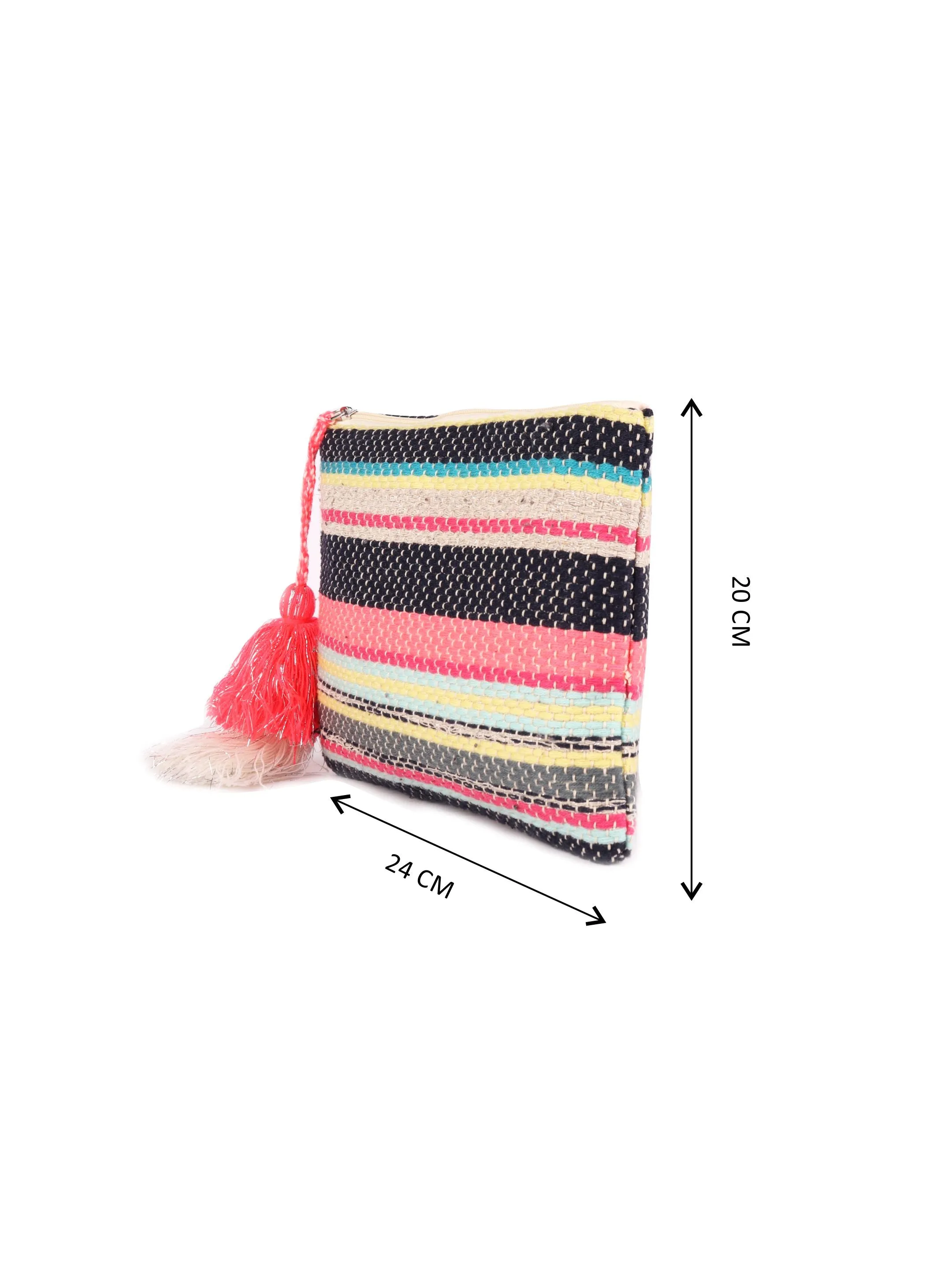 Bright Multi Color Woven Makeup/Travel Pouch With Tassels