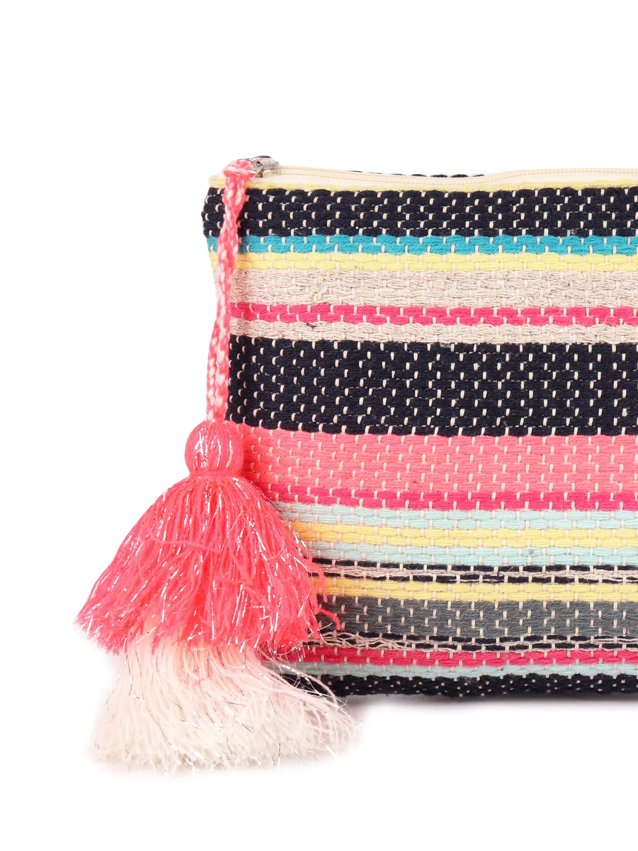 Bright Multi Color Woven Makeup/Travel Pouch With Tassels