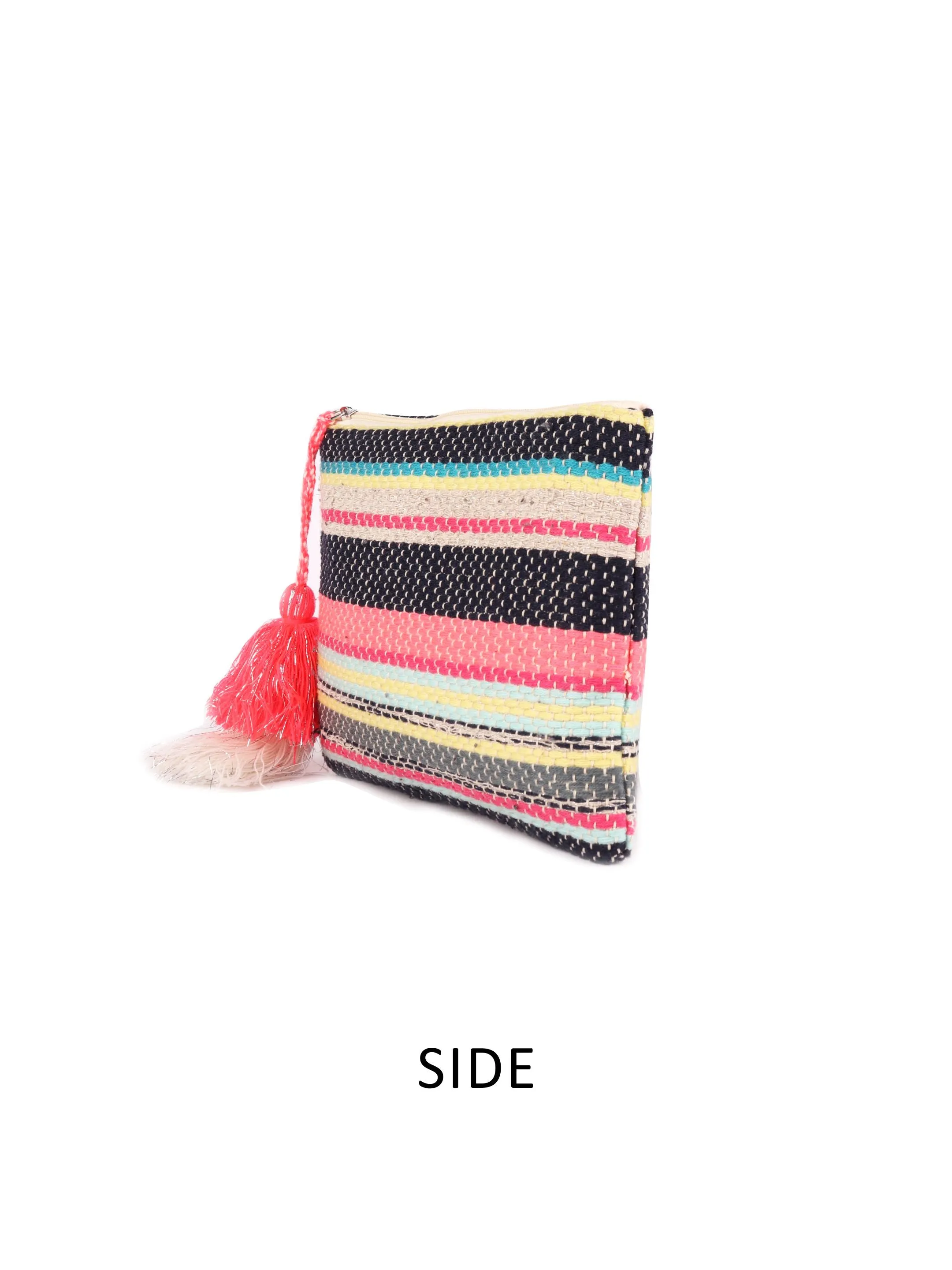 Bright Multi Color Woven Makeup/Travel Pouch With Tassels