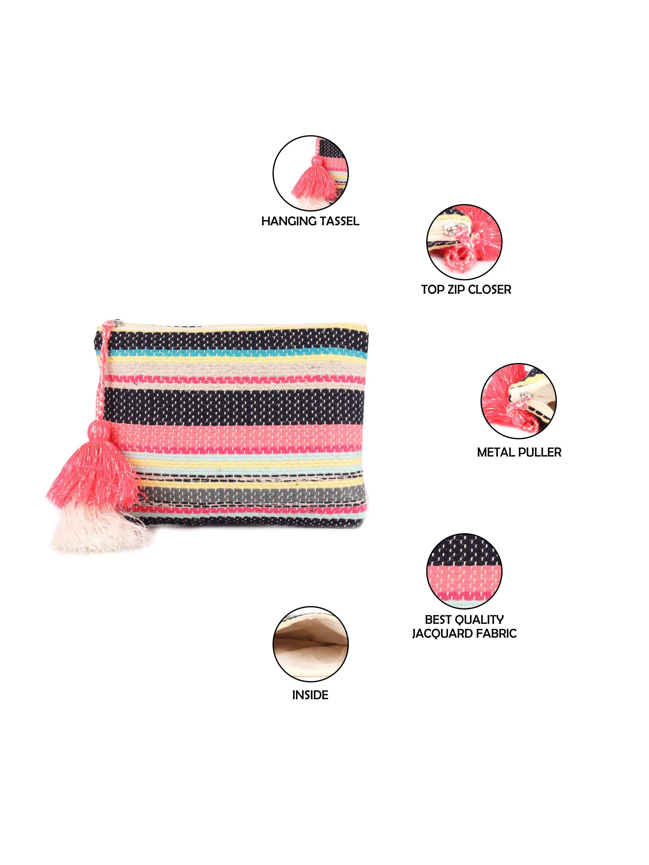 Bright Multi Color Woven Makeup/Travel Pouch With Tassels