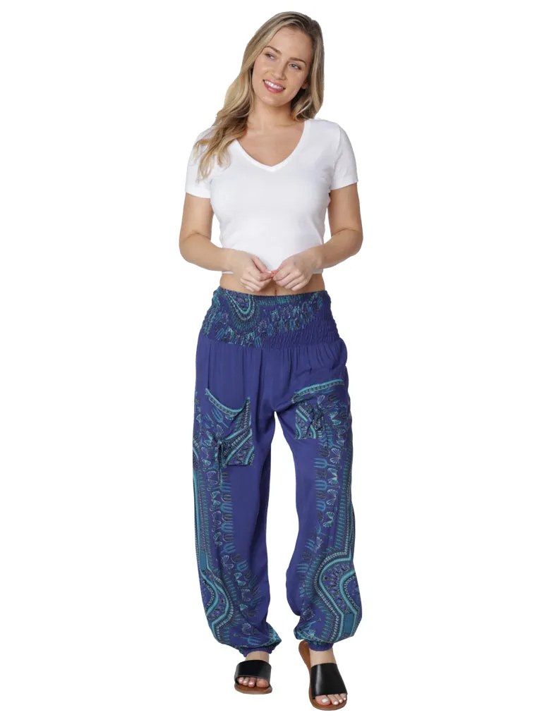 Brightly tie-dyed and printed smocked on top harem pant