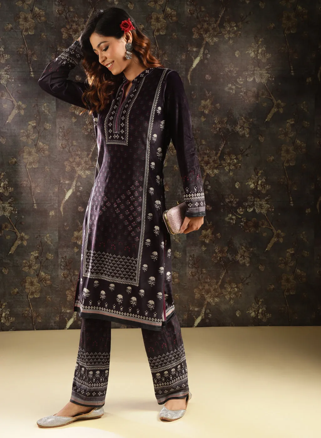 Dark Purple Printed Velvet Kurta Set for Women with Geometric Motifs (With Dupatta)