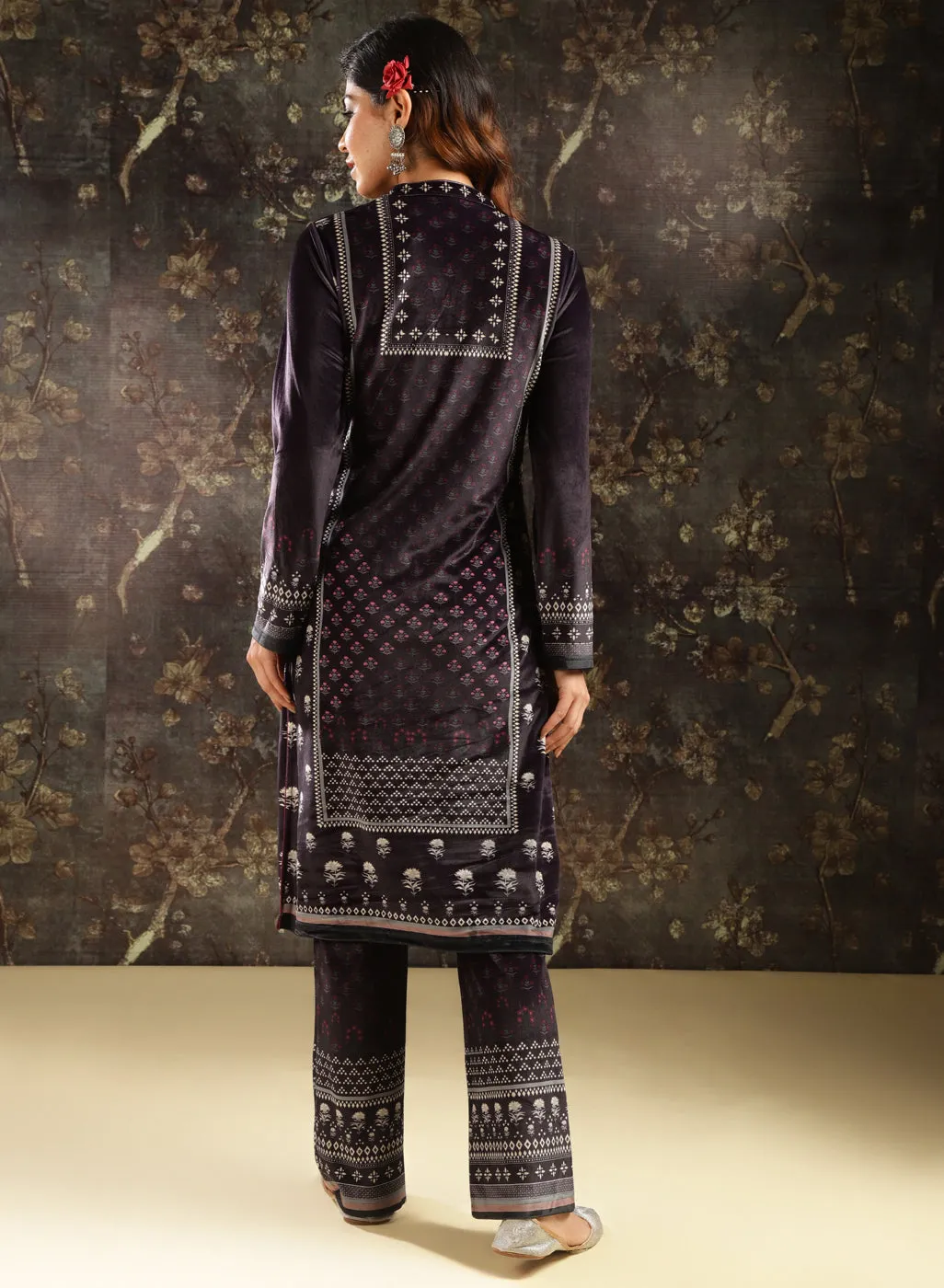 Dark Purple Printed Velvet Kurta Set for Women with Geometric Motifs (With Dupatta)