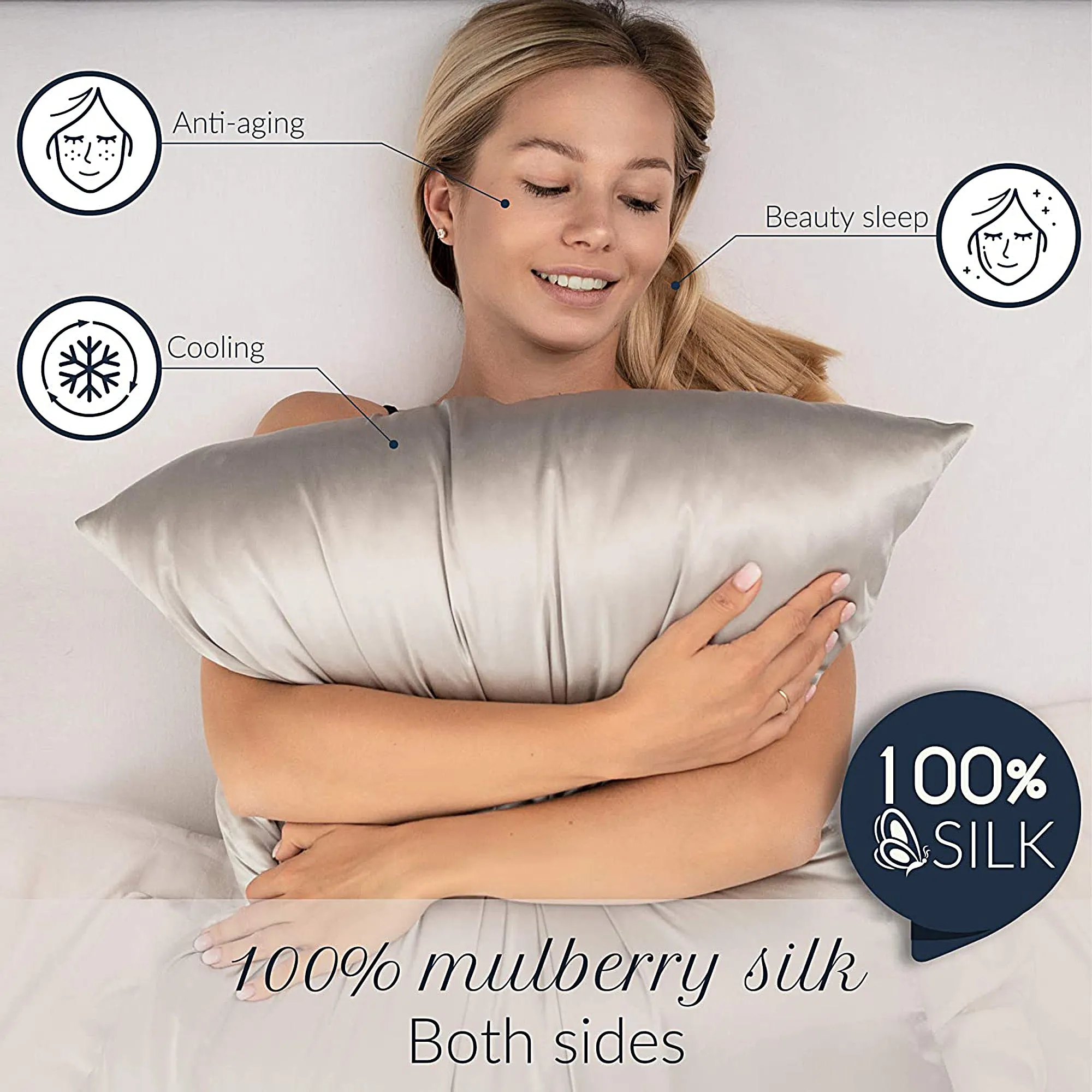 Dreamzie - 1 x 19 Momme Silk Pillowcase, Double Sided Luxury Silk, Sold Individually. Silk pillowcases for hair and skin, anti-aging and anti-bed bugs