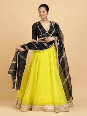 Farah Zeenat 3-Piece Lehenga Set | Lemon Yellow Lehenga, Charcoal Black Blouse | With Chandni Black Dupatta