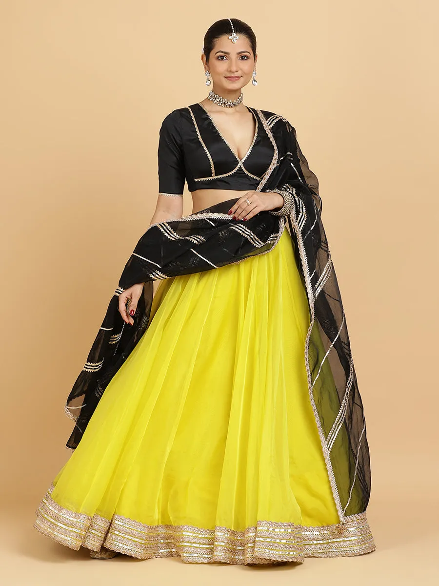 Farah Zeenat 3-Piece Lehenga Set | Lemon Yellow Lehenga, Charcoal Black Blouse | With Chandni Black Dupatta