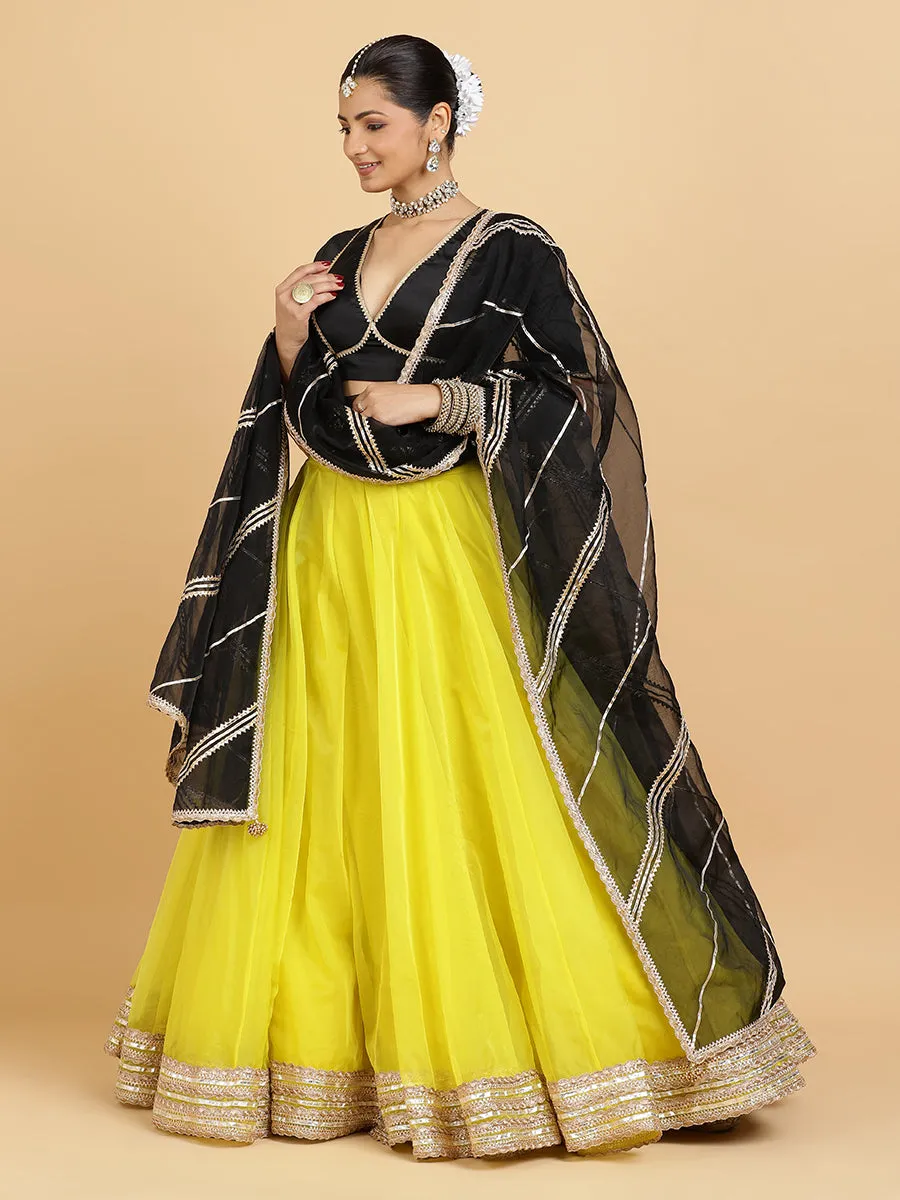 Farah Zeenat 3-Piece Lehenga Set | Lemon Yellow Lehenga, Charcoal Black Blouse | With Chandni Black Dupatta