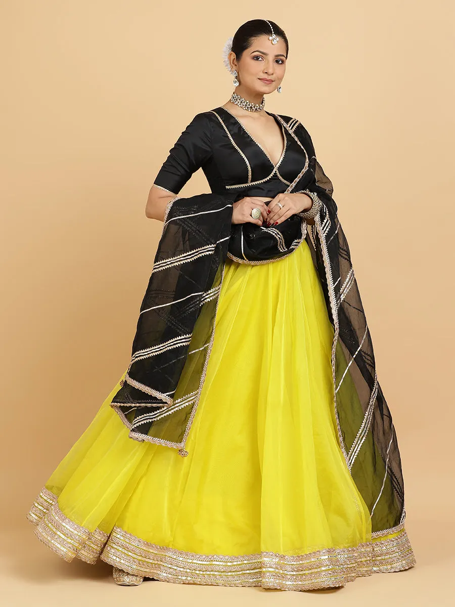 Farah Zeenat 3-Piece Lehenga Set | Lemon Yellow Lehenga, Charcoal Black Blouse | With Chandni Black Dupatta