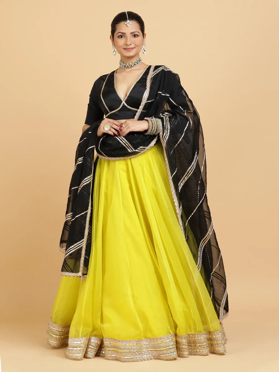 Farah Zeenat 3-Piece Lehenga Set | Lemon Yellow Lehenga, Charcoal Black Blouse | With Chandni Black Dupatta