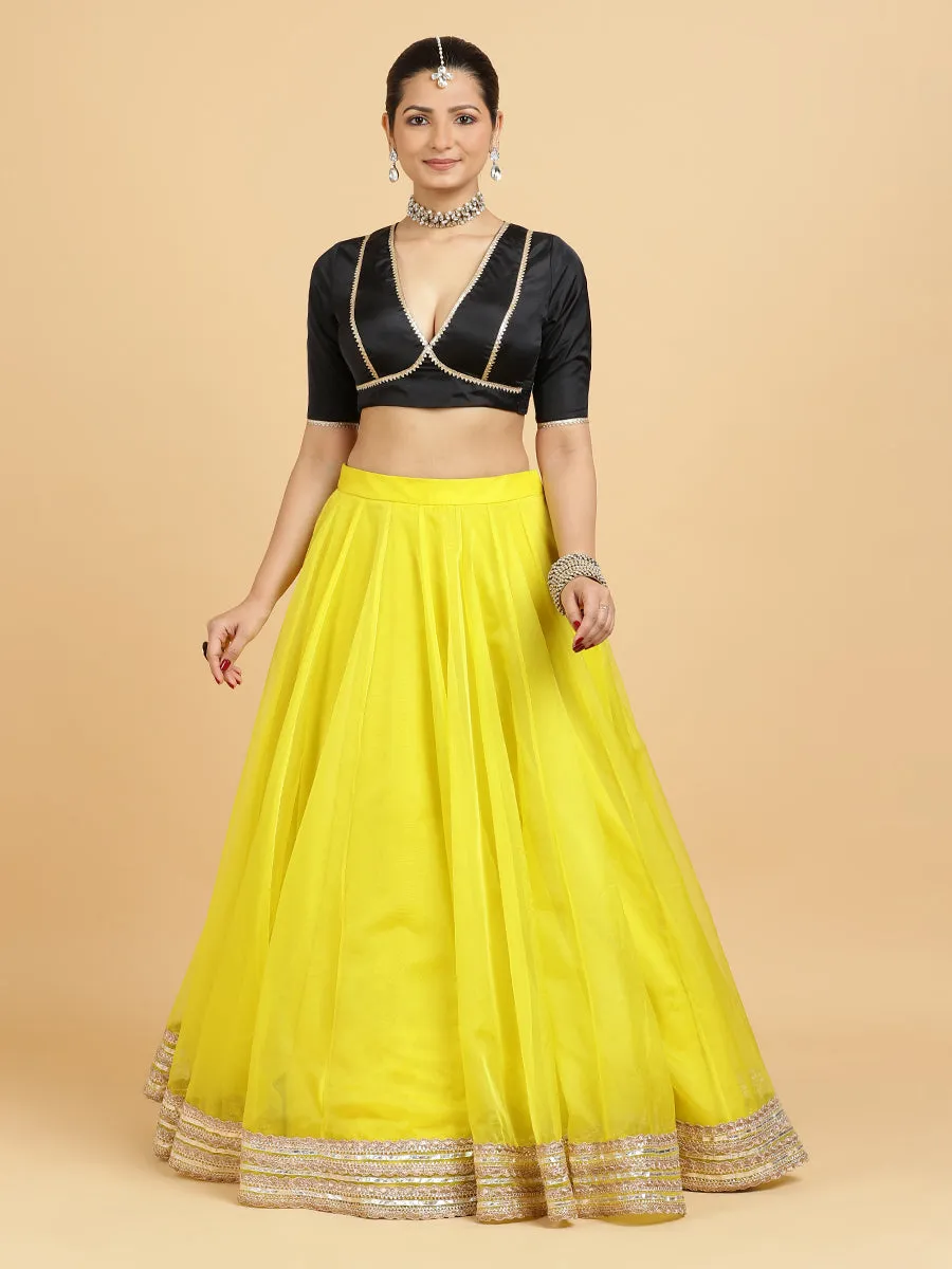 Farah Zeenat 3-Piece Lehenga Set | Lemon Yellow Lehenga, Charcoal Black Blouse | With Chandni Black Dupatta