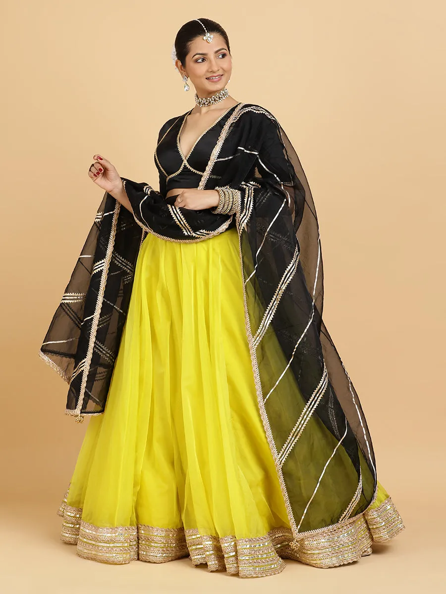 Farah Zeenat 3-Piece Lehenga Set | Lemon Yellow Lehenga, Charcoal Black Blouse | With Chandni Black Dupatta