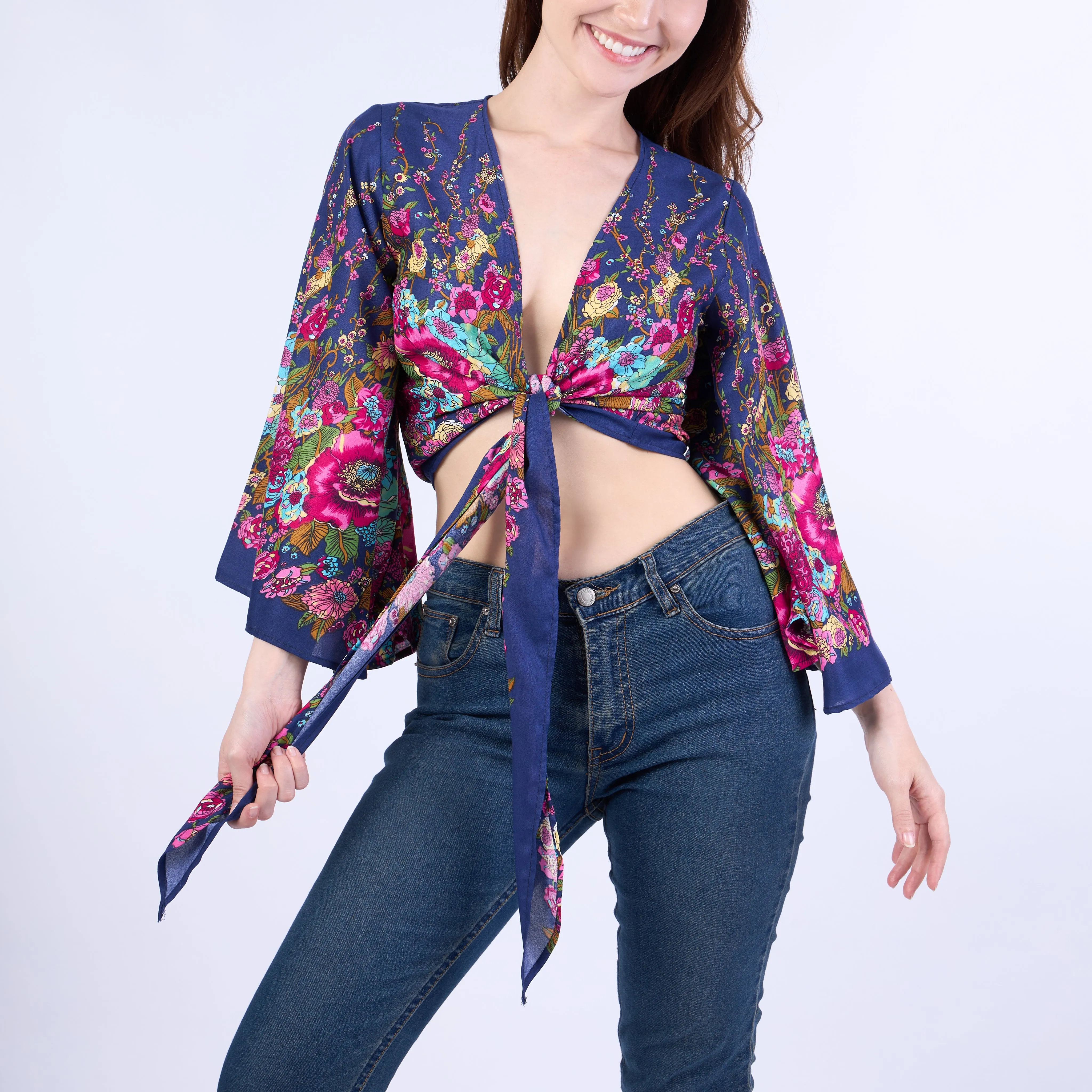 Flower Women Boho Wrap Top - Casual Shirt - Dark Blue