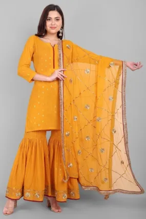 Genda Phool Yellow Gharara Kurta and Dupatta - Set of 3