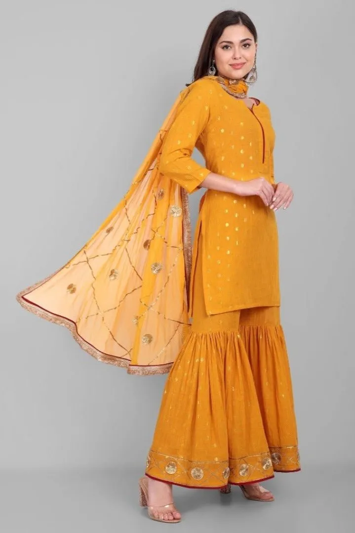 Genda Phool Yellow Gharara Kurta and Dupatta - Set of 3