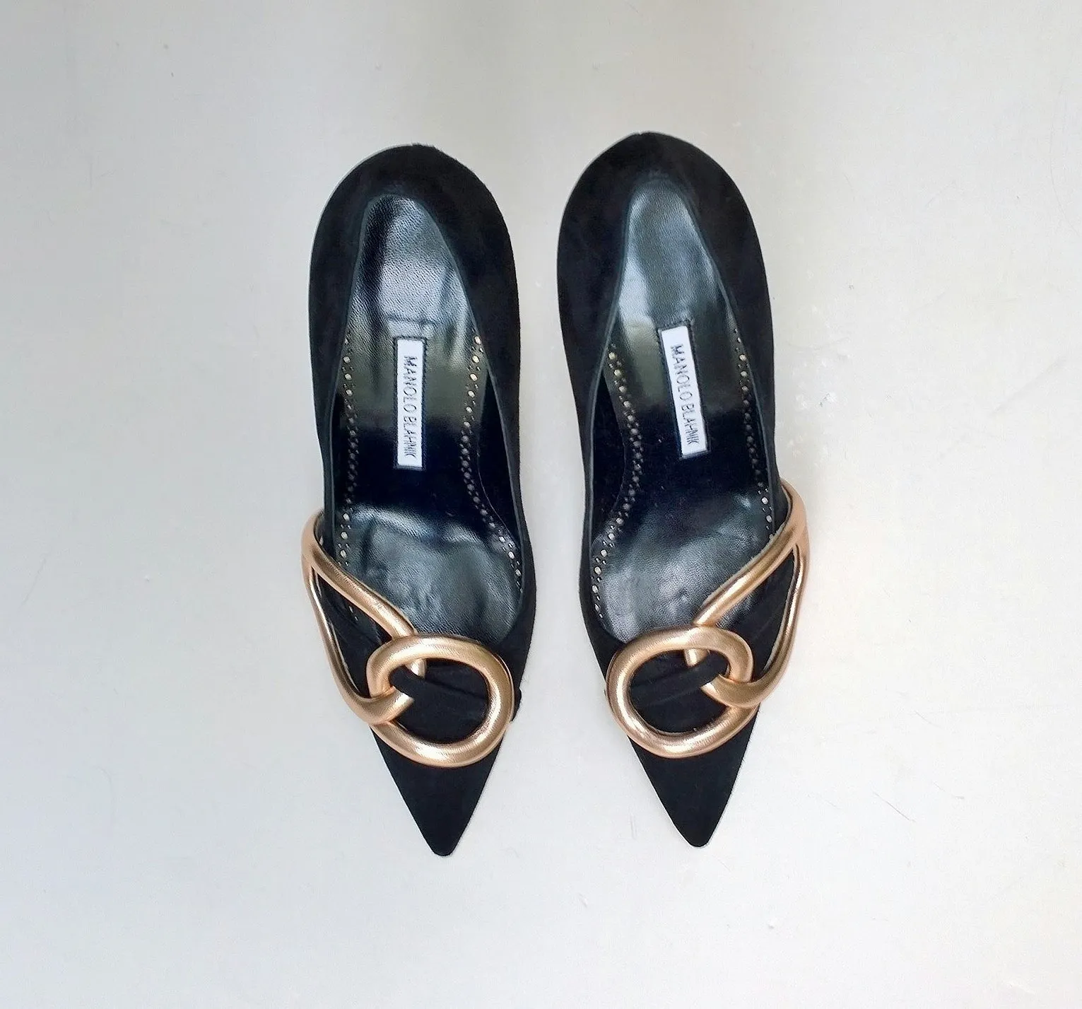 Manolo Blahnik Susidad 105 Black Suede with Rose Gold Leather