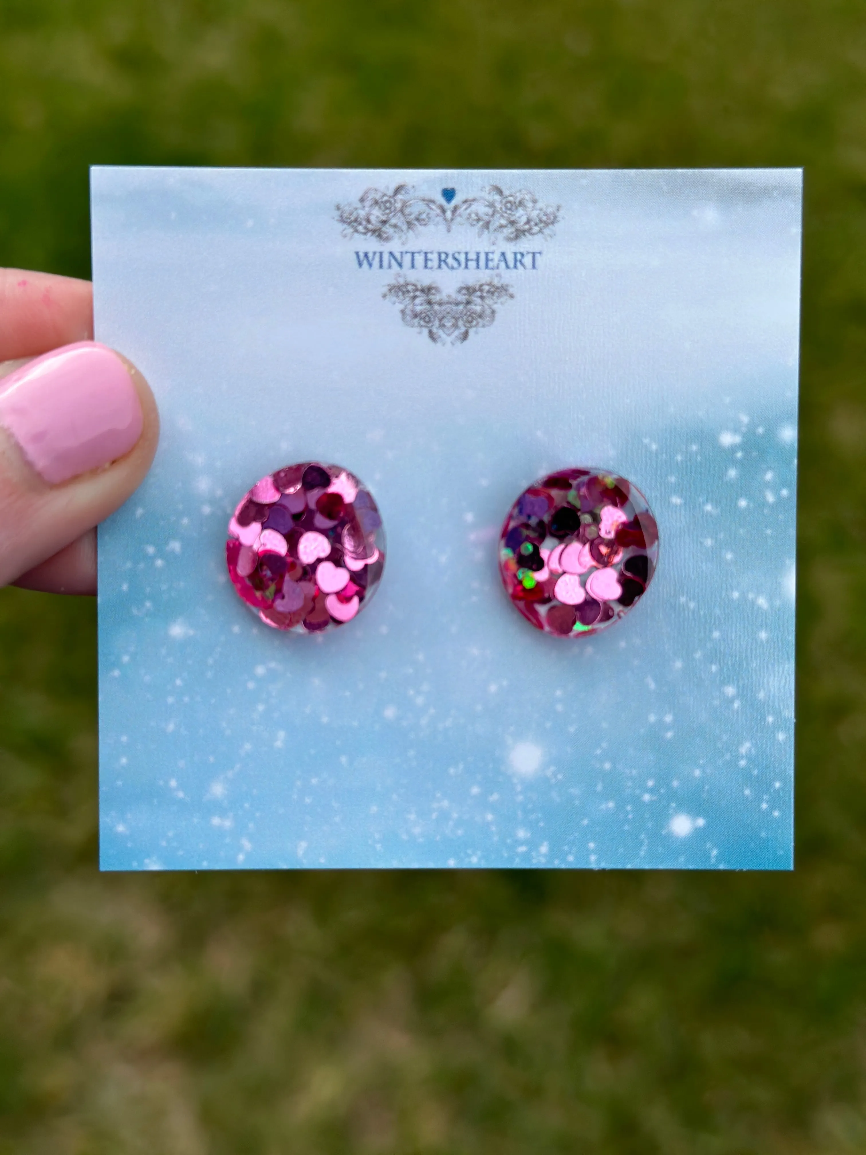 Medium pink sparkle resin  - Stud Earrings