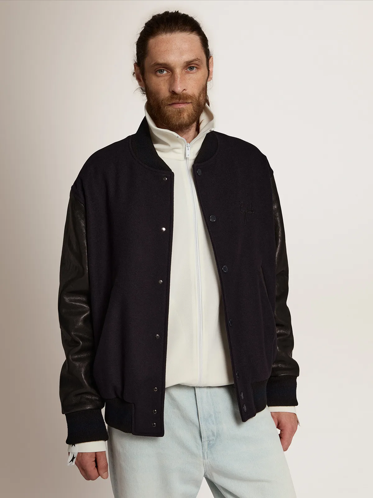 Men’s bomber jacker in blue wool and black leather