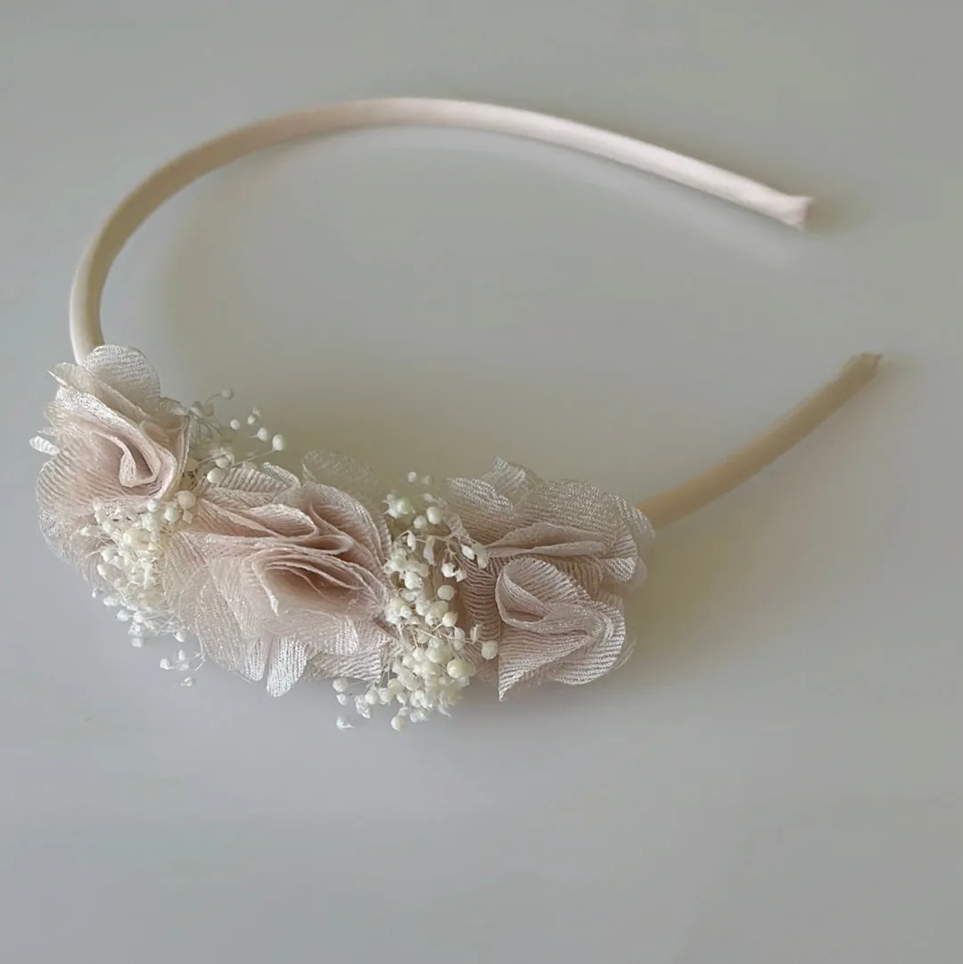 Natural fabric flowers and baby breath headband