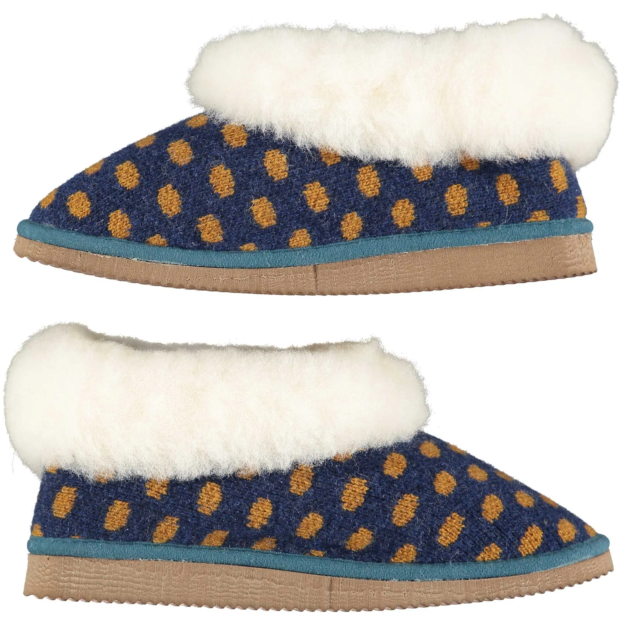 Navy & Mustard Spot Lambswool & Sheepskin Boot Slippers