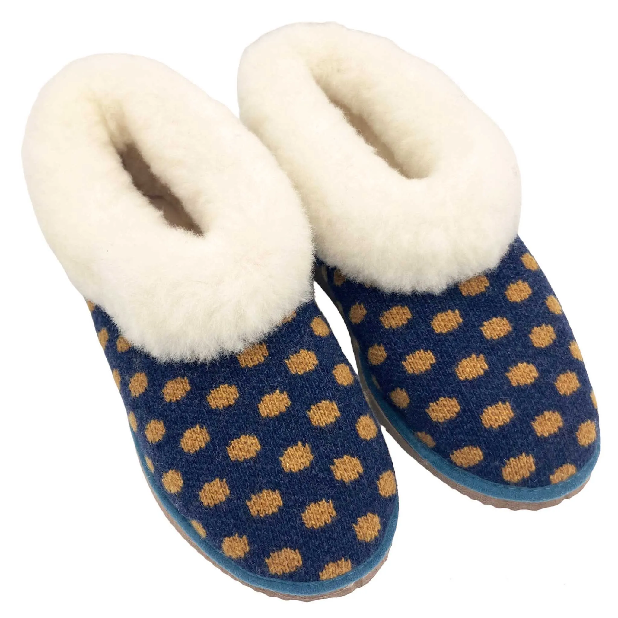 Navy & Mustard Spot Lambswool & Sheepskin Boot Slippers