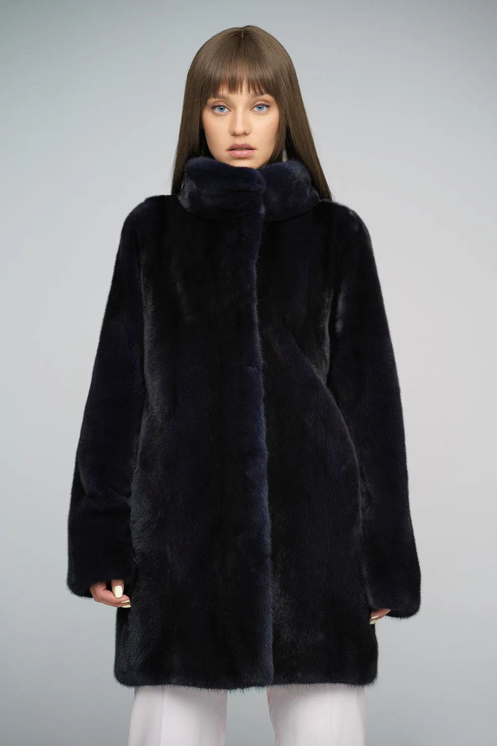 Navy Blue Genuine Mink Fur Midi Coat