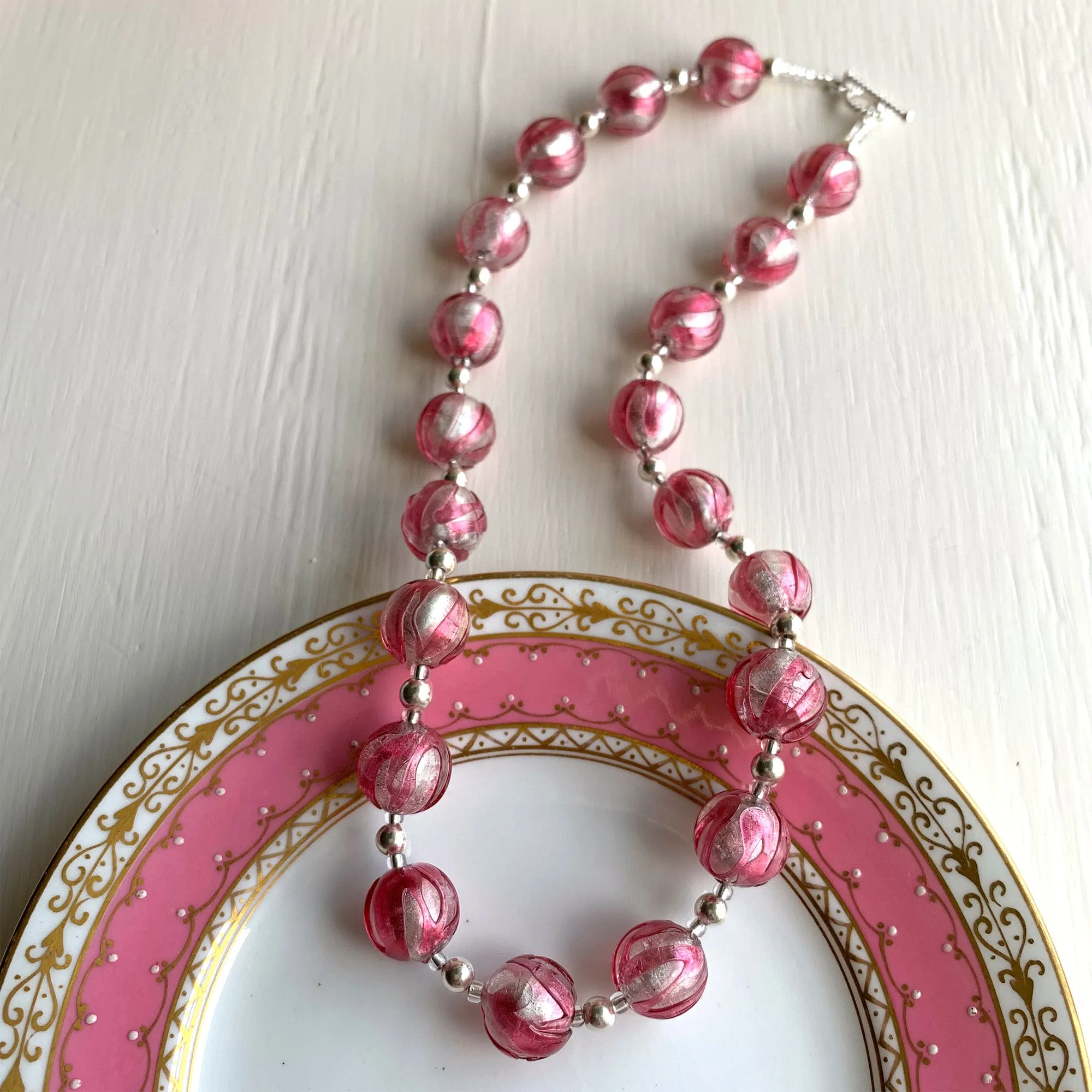 Necklace with rose pink and white gold Murano glass small sphere beads on silver