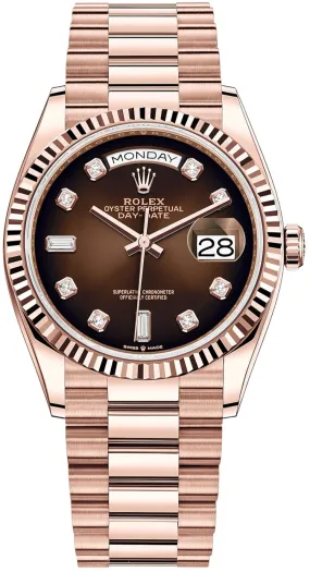 Rolex Everose Gold Day-Date 36 Watch - Fluted Bezel - Brown Ombre´ Diamond Dial - President Bracelet (Ref# 128235)