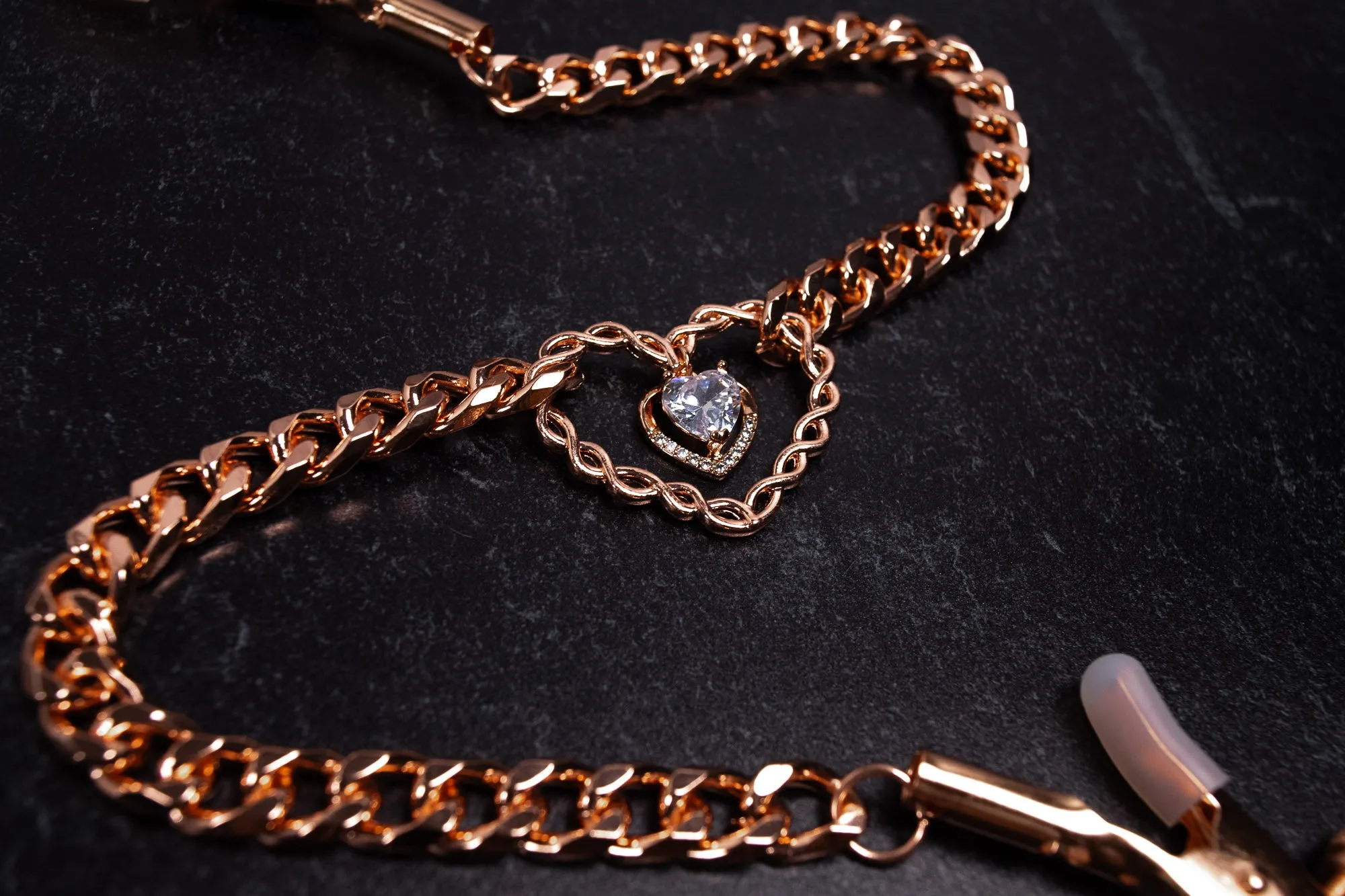 Rose Gold Clip Chained Heart Nipple Clamps - 10" Chain