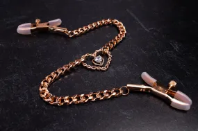 Rose Gold Clip Chained Heart Nipple Clamps - 10" Chain