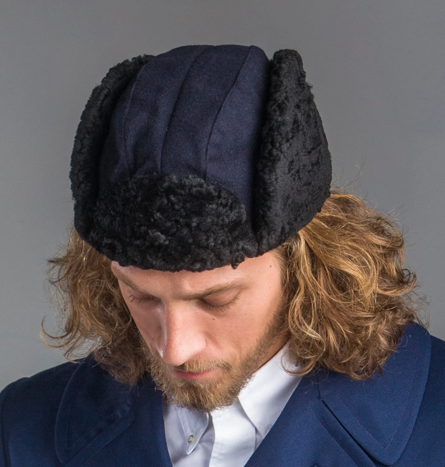 Scandinavian Navy Blue Sheepskin Winter Wool Trapper Ushanka Hat