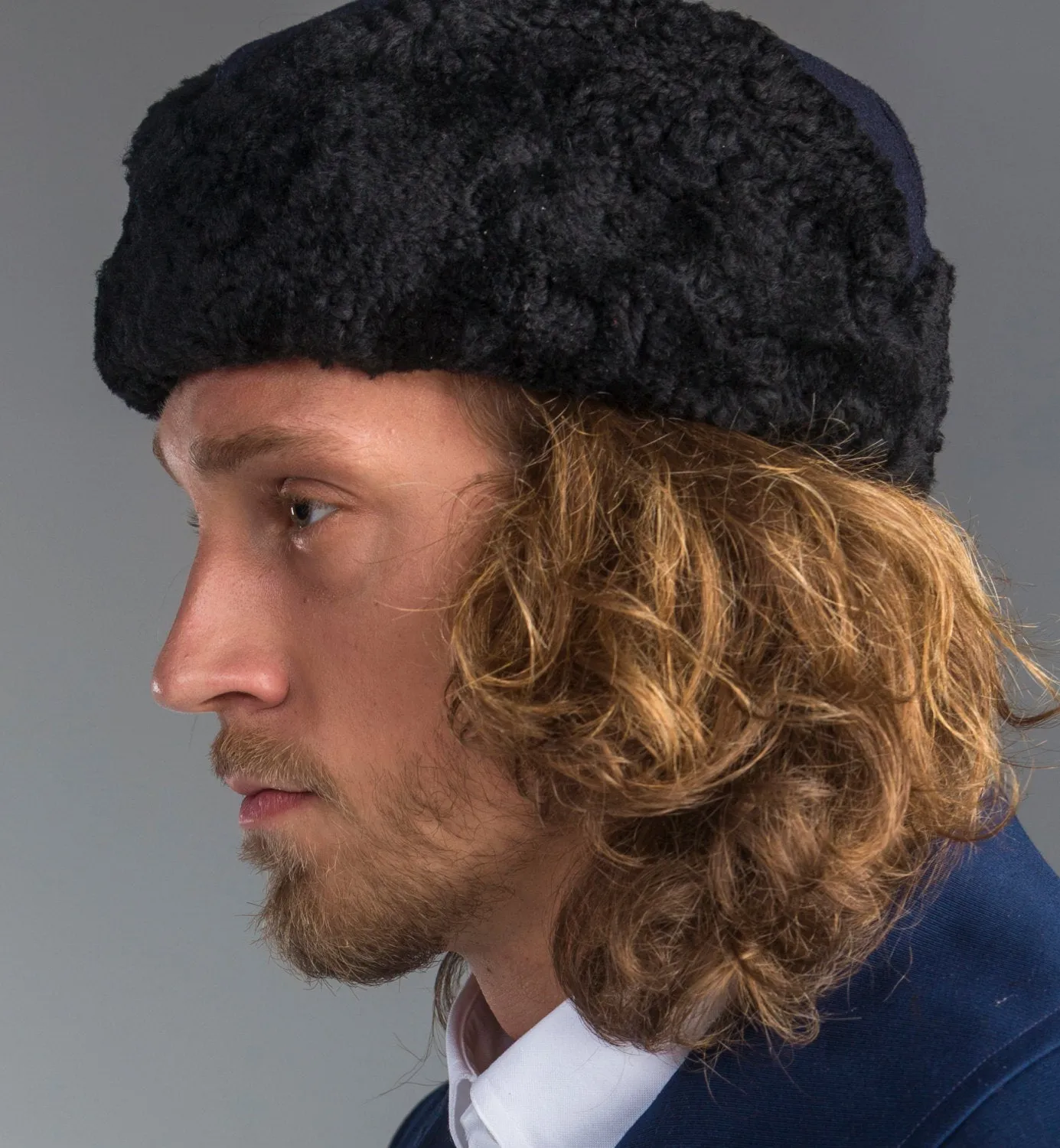 Scandinavian Navy Blue Sheepskin Winter Wool Trapper Ushanka Hat