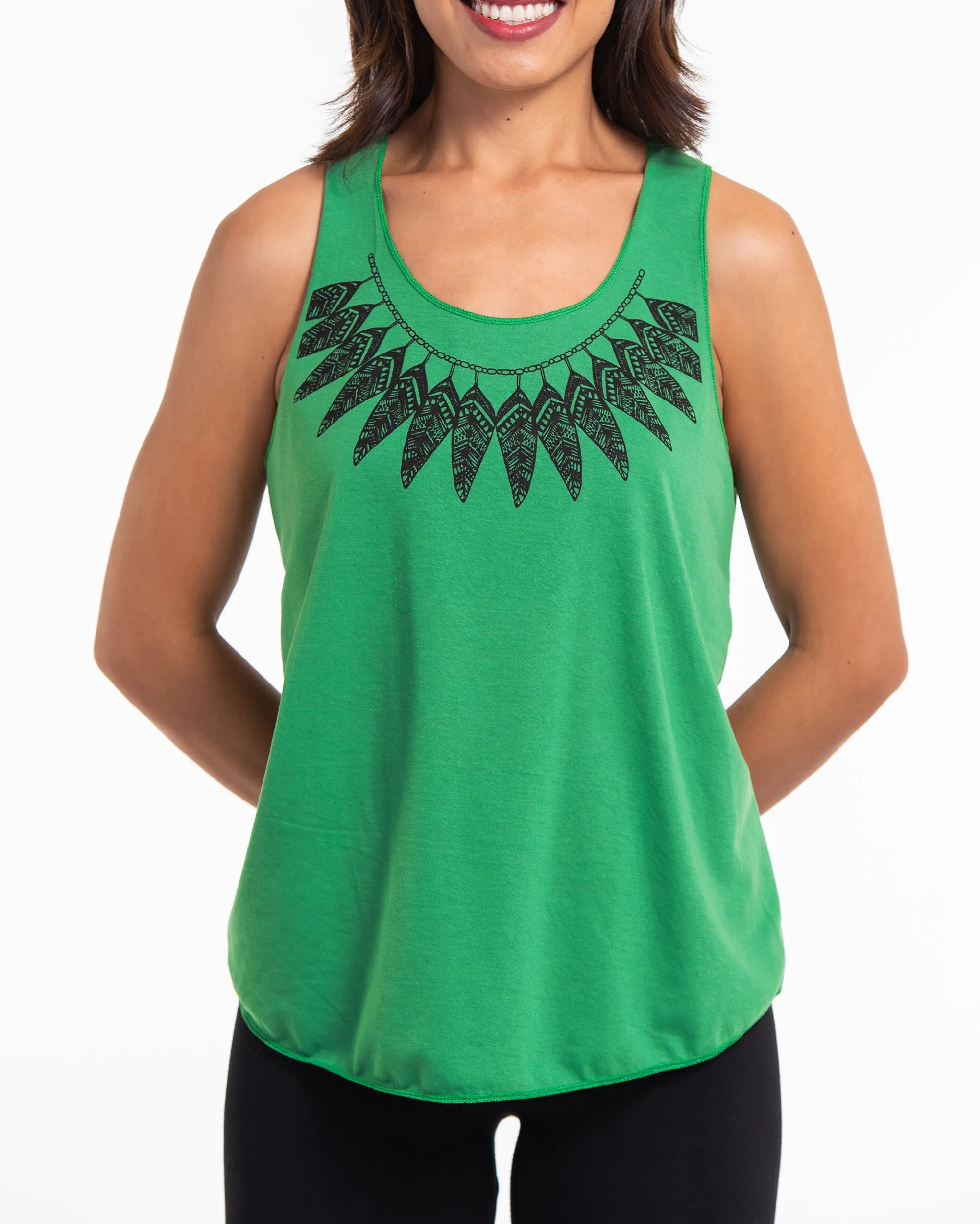 Super Soft Cotton Womens Feather Necklace Tank Top in Green