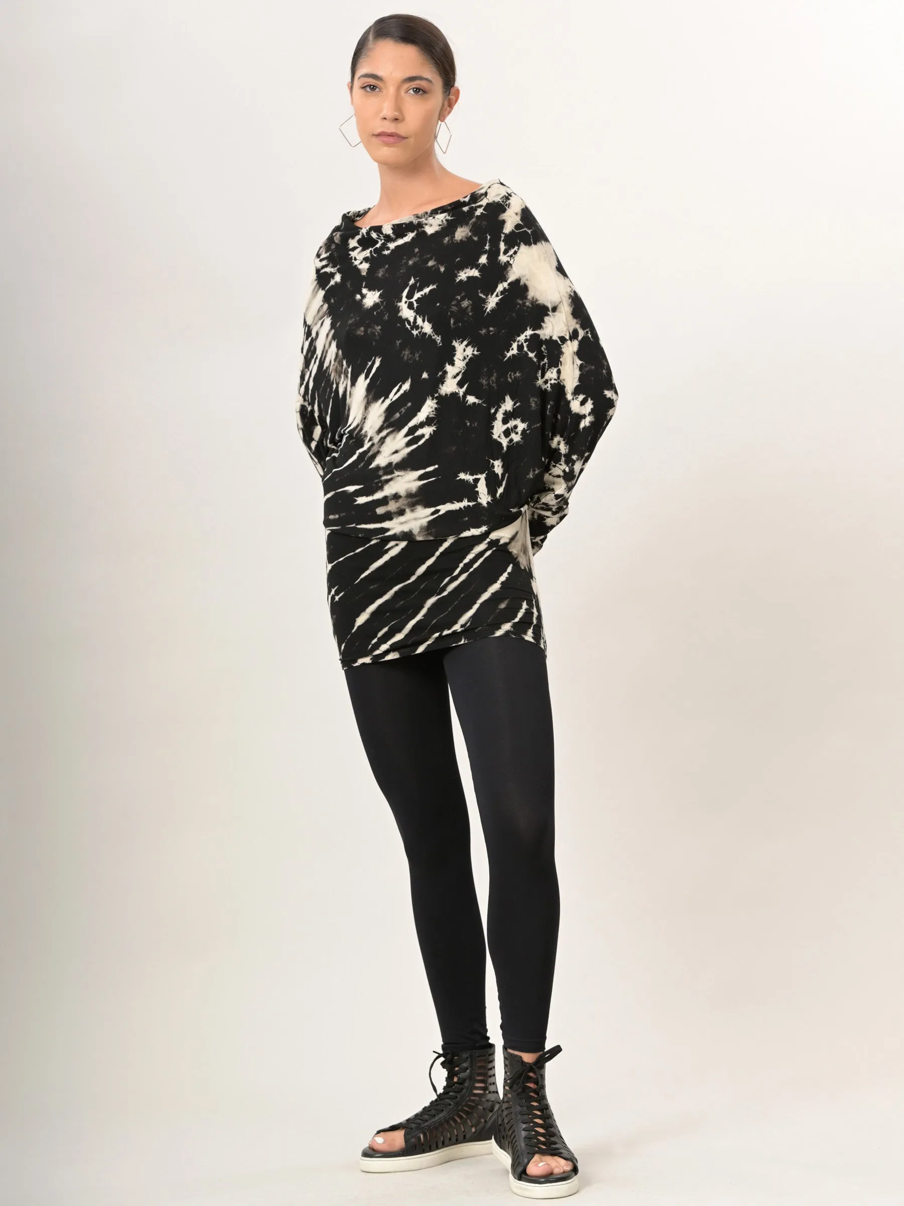 Tie Dye Stretchy Asymmetric Tunic - Black & Cream