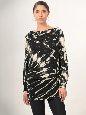 Tie Dye Stretchy Asymmetric Tunic - Black & Cream