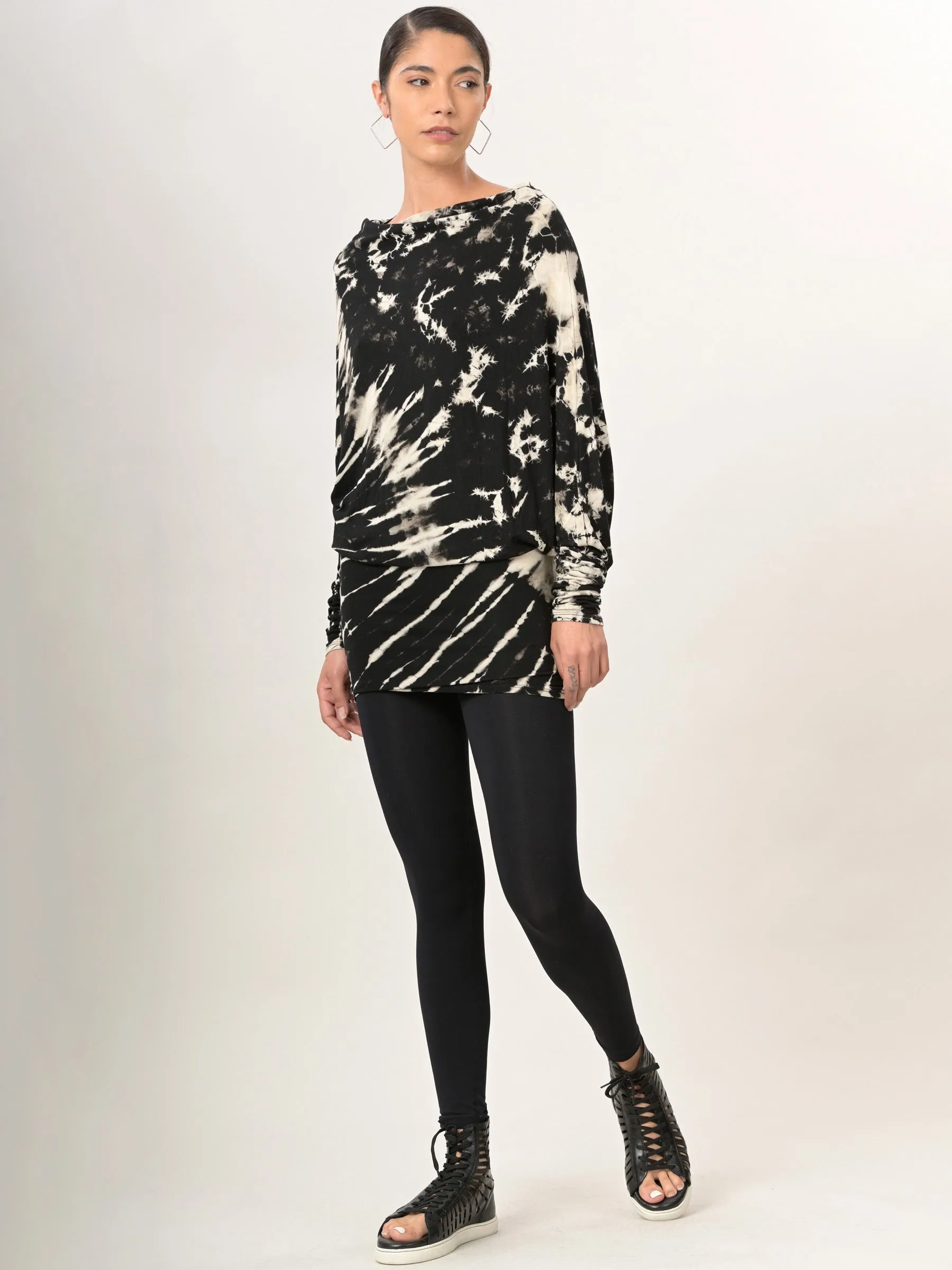 Tie Dye Stretchy Asymmetric Tunic - Black & Cream